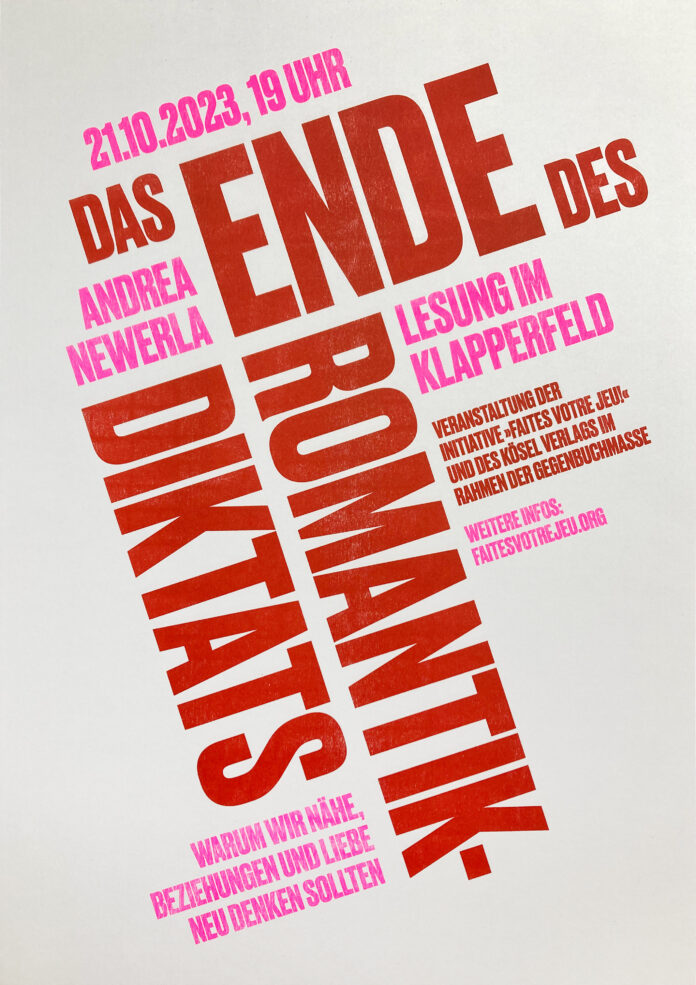 Plakat zur Lesung mit Andrea Newerla: Das Ende des Romatikdiktas