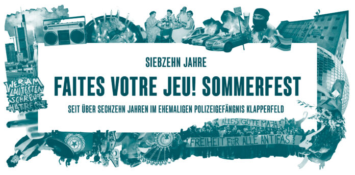 Die Grafik zeigt eine Collage mit der Ausfschrift »Siebzehn Jahre Faites votre jeu! Sommerfest«